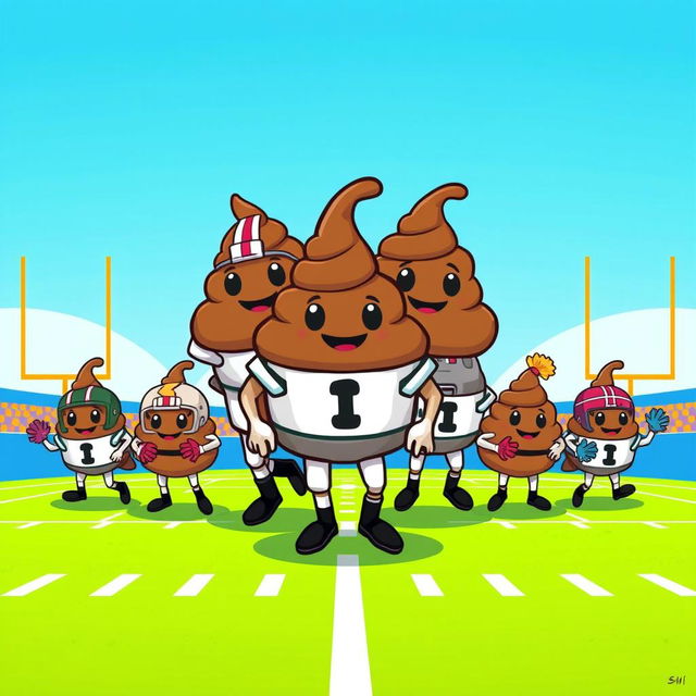 A whimsical illustration featuring a football team where each player is represented by a cartoonish poop emoji, each with a distinct personality