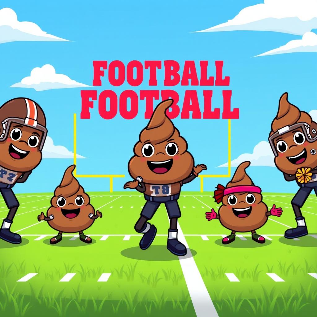 A whimsical illustration featuring a football team where each player is represented by a cartoonish poop emoji, each with a distinct personality