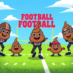 A whimsical illustration featuring a football team where each player is represented by a cartoonish poop emoji, each with a distinct personality