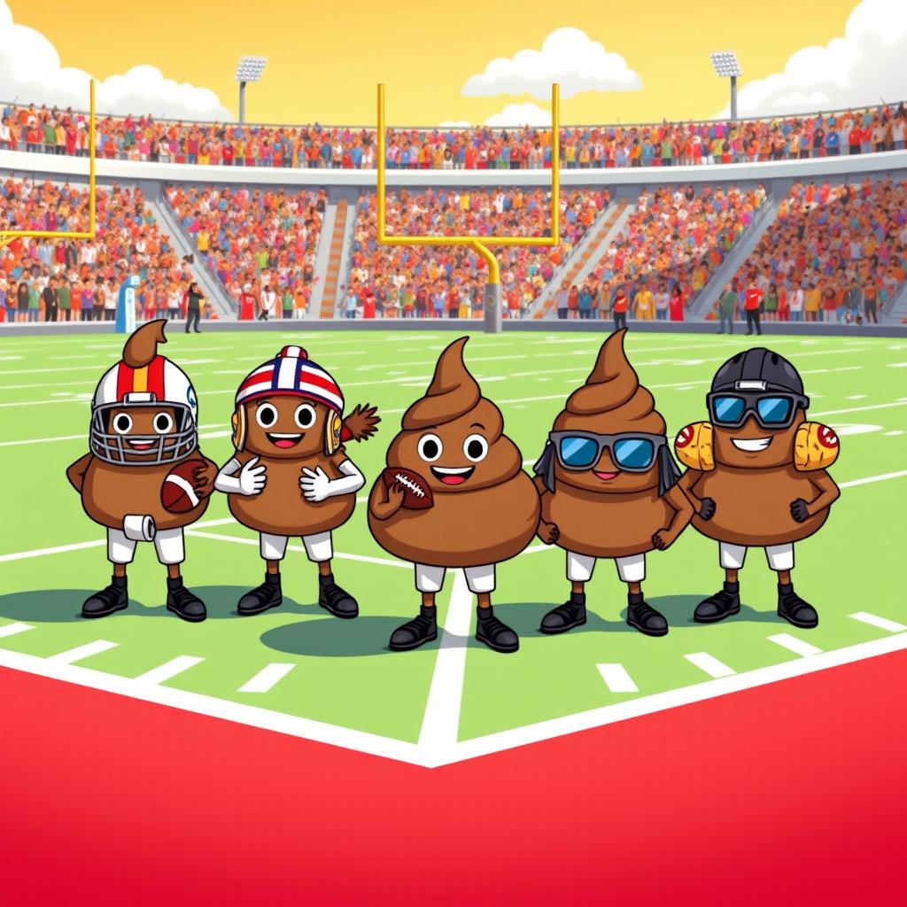 A playful cartoon scene depicting a whimsical football team, where each player is represented by an anthropomorphic poop emoji