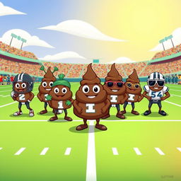 A playful cartoon scene depicting a whimsical football team, where each player is represented by an anthropomorphic poop emoji