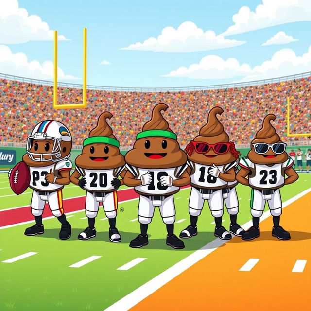 A playful cartoon scene depicting a whimsical football team, where each player is represented by an anthropomorphic poop emoji