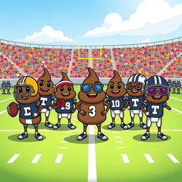 A playful cartoon scene depicting a whimsical football team, where each player is represented by an anthropomorphic poop emoji