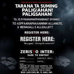 A mysterious and slightly scary poster for a thrilling gaming competition, designed to immerse viewers in a sense of challenge and adventure