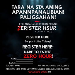 A mysterious and slightly scary poster for a thrilling gaming competition, designed to immerse viewers in a sense of challenge and adventure