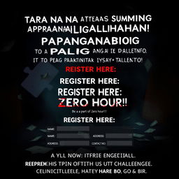 A mysterious and slightly scary poster for a thrilling gaming competition, designed to immerse viewers in a sense of challenge and adventure