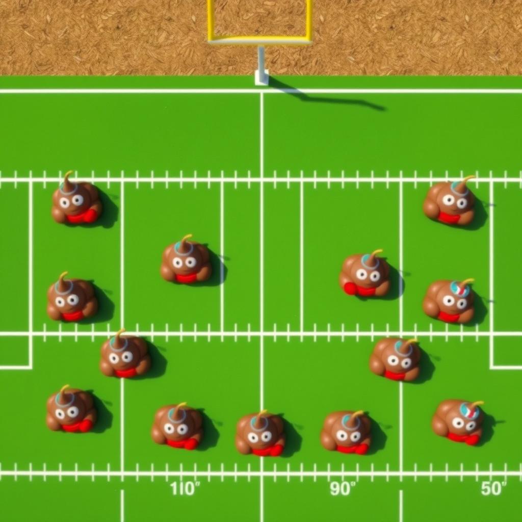 An aerial shot of a whimsical football scene, showcasing a football team where each player is represented by a cartoonish poop emoji