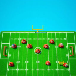 An aerial shot of a whimsical football scene, showcasing a football team where each player is represented by a cartoonish poop emoji