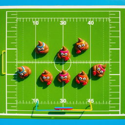 An aerial shot of a whimsical football scene, showcasing a football team where each player is represented by a cartoonish poop emoji