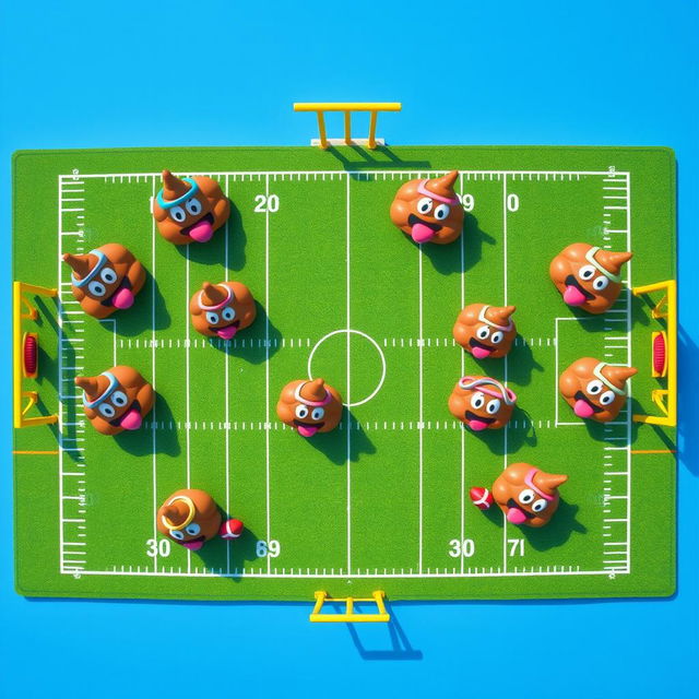 An aerial shot of a whimsical football scene, showcasing a football team where each player is represented by a cartoonish poop emoji