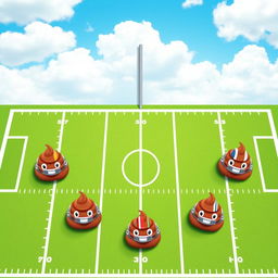 A whimsical aerial view of a colorful football field with seven distinct positions represented by playful, cartoon-style poop emojis