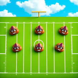 A whimsical aerial view of a colorful football field with seven distinct positions represented by playful, cartoon-style poop emojis