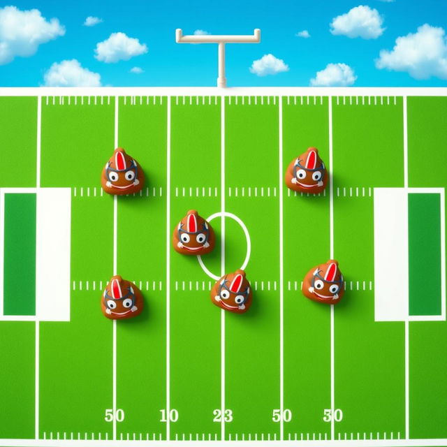 A whimsical aerial view of a colorful football field with seven distinct positions represented by playful, cartoon-style poop emojis