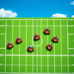 A whimsical aerial view of a colorful football field with seven distinct positions represented by playful, cartoon-style poop emojis