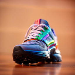 A detailed close-up of a stylish sneaker featuring a sleek design with a mesh upper, vibrant colors, and a sharply defined silhouette