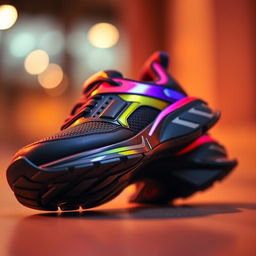 A detailed close-up of a stylish sneaker featuring a sleek design with a mesh upper, vibrant colors, and a sharply defined silhouette