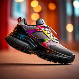 A detailed close-up of a stylish sneaker featuring a sleek design with a mesh upper, vibrant colors, and a sharply defined silhouette