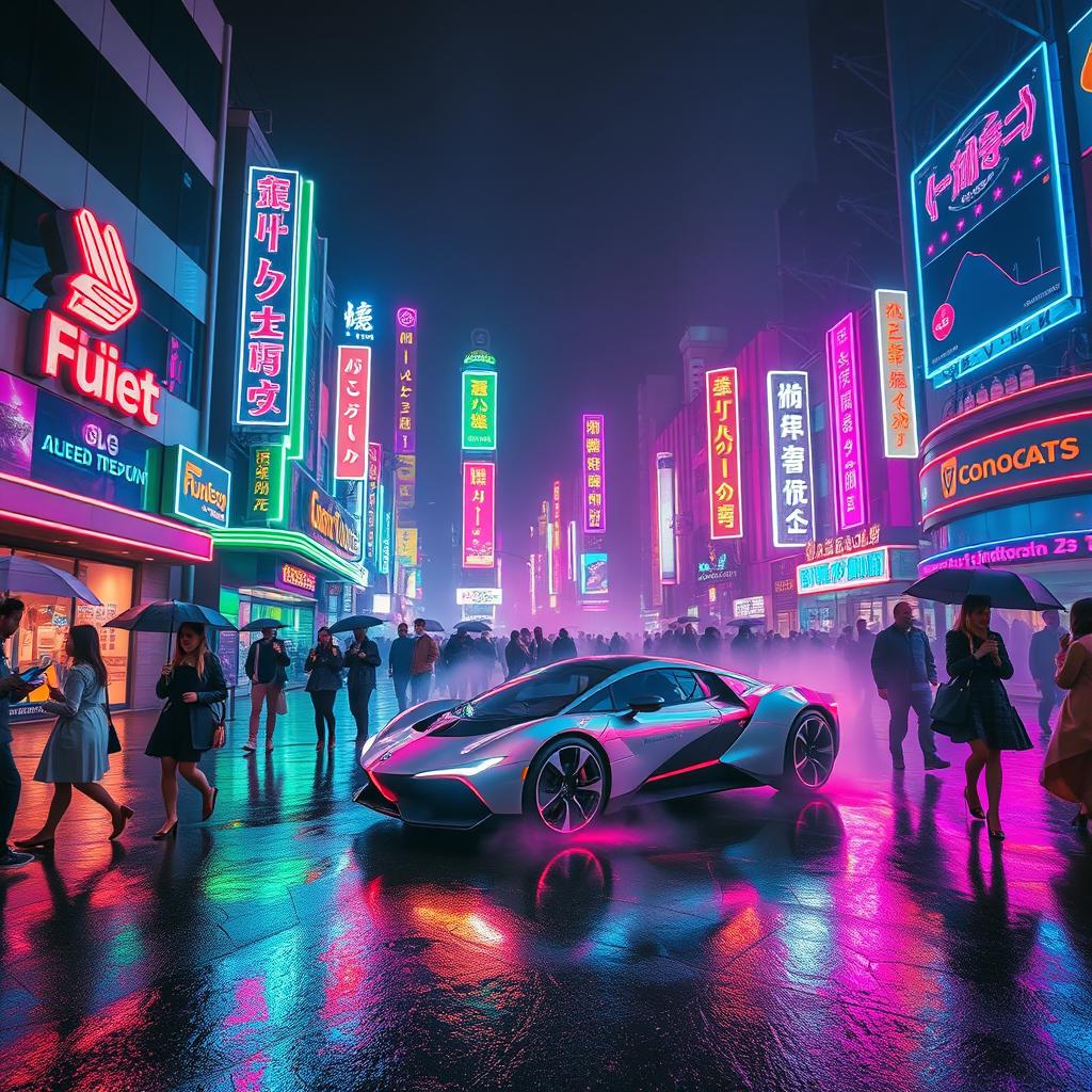 A stunning neon cityscape at night, with vibrant neon signs illuminating the streets