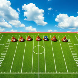 A humorous aerial shot of a football field featuring a creative formation of a football team, represented by seven cartoon-style poop emojis symbolizing different player positions
