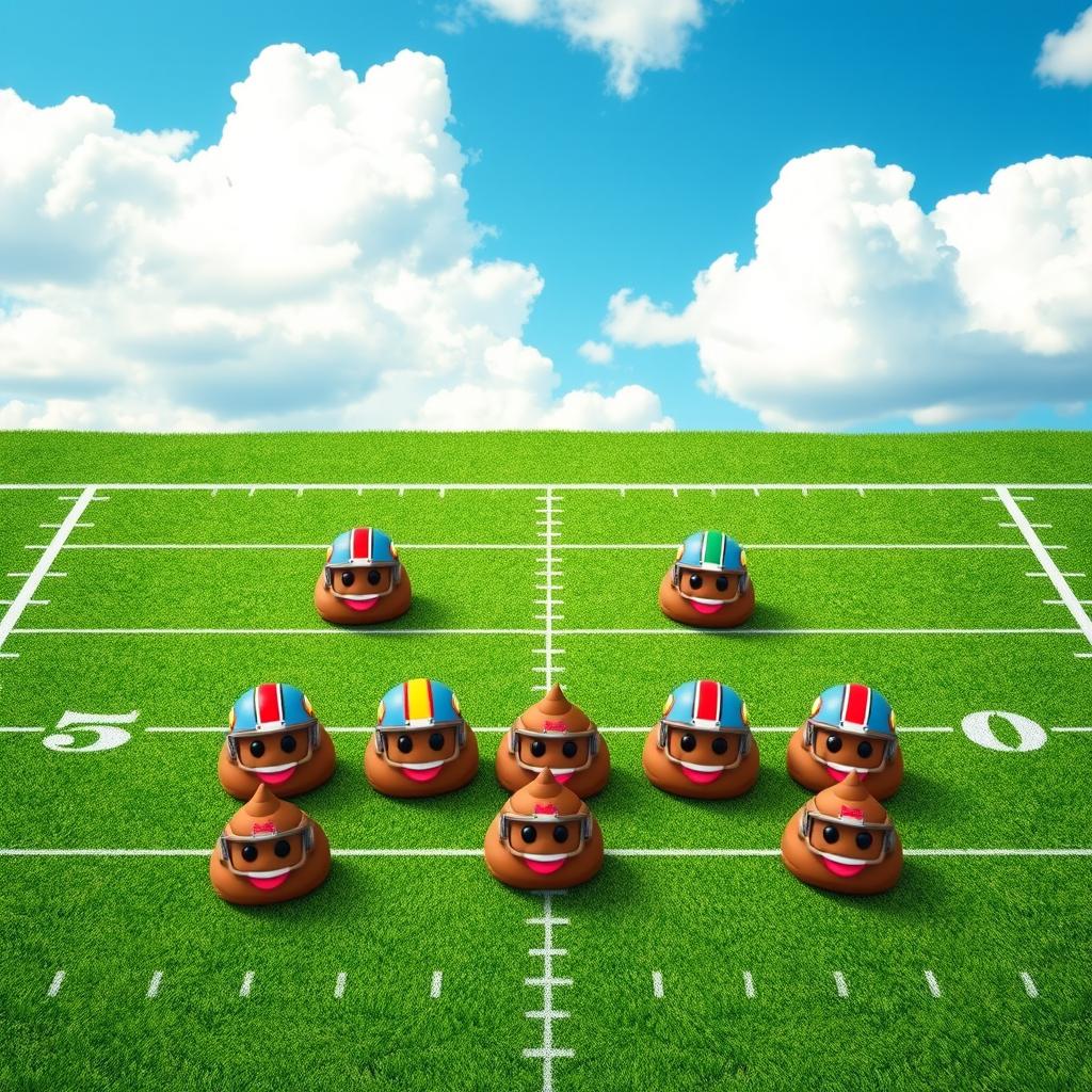 A humorous aerial shot of a football field featuring a creative formation of a football team, represented by seven cartoon-style poop emojis symbolizing different player positions