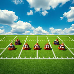 A humorous aerial shot of a football field featuring a creative formation of a football team, represented by seven cartoon-style poop emojis symbolizing different player positions