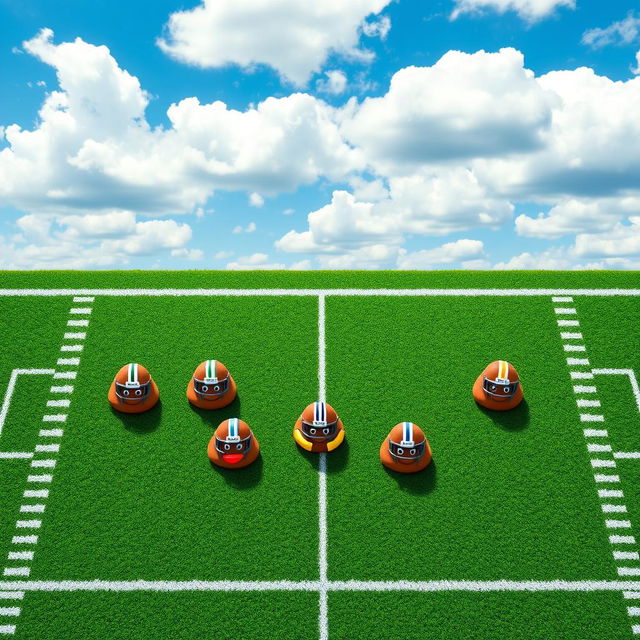 A humorous aerial shot of a football field featuring a creative formation of a football team, represented by seven cartoon-style poop emojis symbolizing different player positions