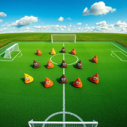 Aerial view of a soccer field filled with representations of a soccer team, with each player positioned as colorful, creatively sculpted poop characters representing seven different positions: goalkeeper, defender, midfielder, and forward