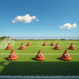 Aerial view of a soccer field filled with representations of a soccer team, with each player positioned as colorful, creatively sculpted poop characters representing seven different positions: goalkeeper, defender, midfielder, and forward