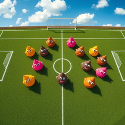 Aerial view of a soccer field filled with representations of a soccer team, with each player positioned as colorful, creatively sculpted poop characters representing seven different positions: goalkeeper, defender, midfielder, and forward