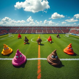 Aerial view of a soccer field filled with representations of a soccer team, with each player positioned as colorful, creatively sculpted poop characters representing seven different positions: goalkeeper, defender, midfielder, and forward