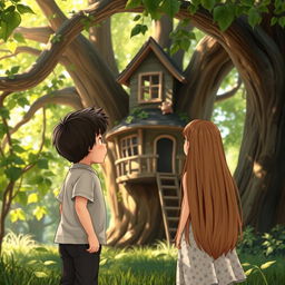 A charming scene featuring a young boy about 8 years old with black hair and a young girl about 6 years old with long light brown hair reaching her waist