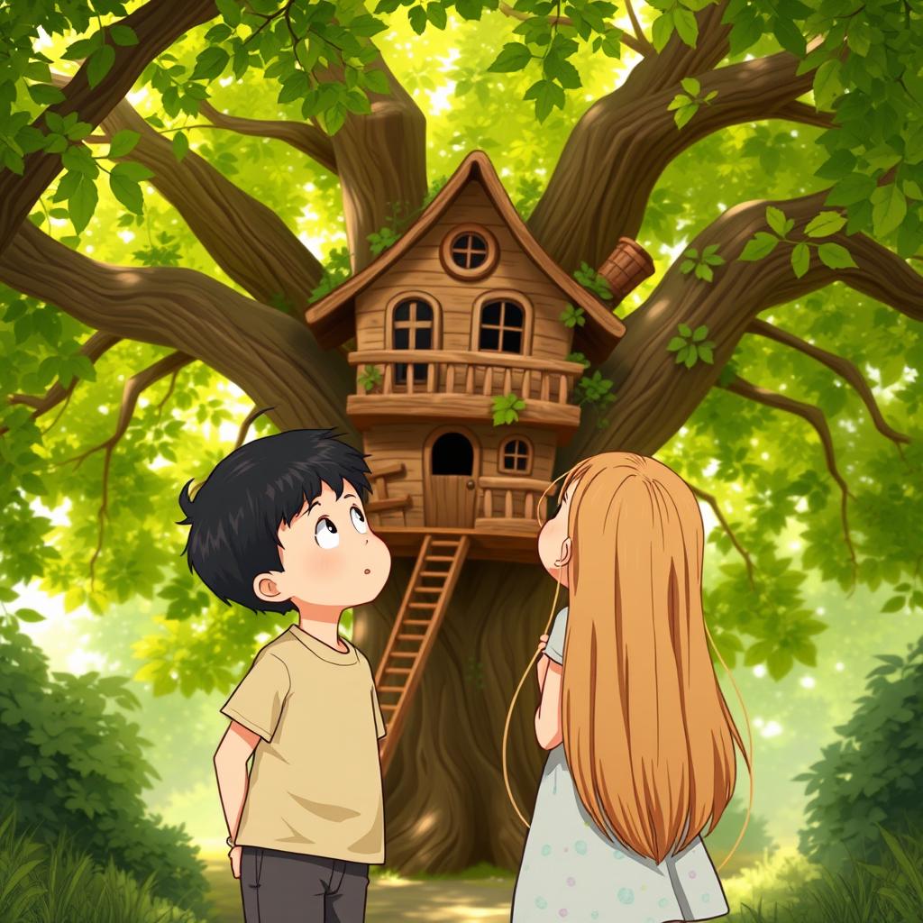 A charming scene featuring a young boy about 8 years old with black hair and a young girl about 6 years old with long light brown hair reaching her waist