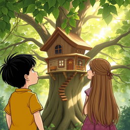 A charming scene featuring a young boy about 8 years old with black hair and a young girl about 6 years old with long light brown hair reaching her waist