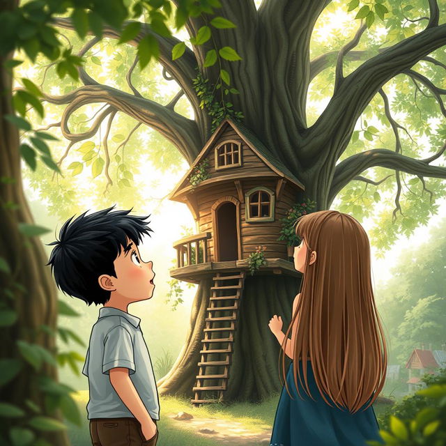 A charming scene featuring a young boy about 8 years old with black hair and a young girl about 6 years old with long light brown hair reaching her waist