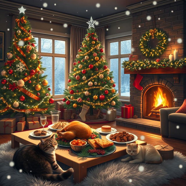 A cozy Christmas scene featuring a beautifully decorated living room with a large Christmas tree adorned with sparkling lights and colorful ornaments