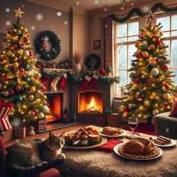 A cozy Christmas scene featuring a beautifully decorated living room with a large Christmas tree adorned with sparkling lights and colorful ornaments