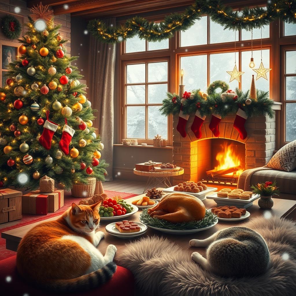 A cozy Christmas scene featuring a beautifully decorated living room with a large Christmas tree adorned with sparkling lights and colorful ornaments