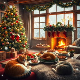 A cozy Christmas scene featuring a beautifully decorated living room with a large Christmas tree adorned with sparkling lights and colorful ornaments