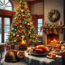 A cozy Christmas scene featuring a beautifully decorated living room with a large Christmas tree adorned with sparkling lights and colorful ornaments
