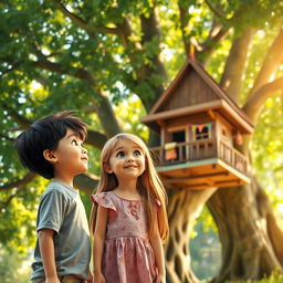 A realistic scene featuring an 8-year-old boy with black hair and a 6-year-old girl with long light brown hair reaching down to her waist, standing side by side