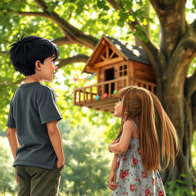 A realistic scene featuring an 8-year-old boy with black hair and a 6-year-old girl with long light brown hair reaching down to her waist, standing side by side