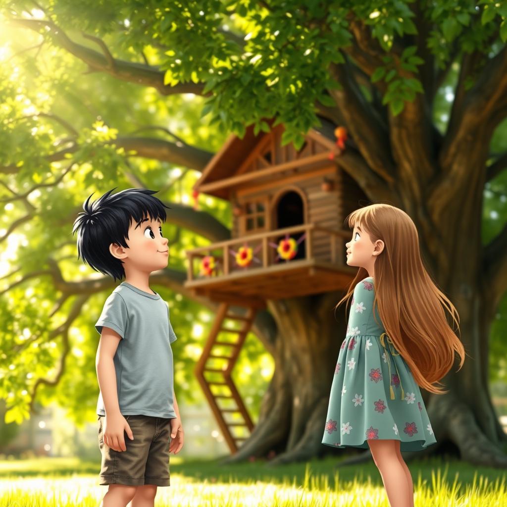 A realistic scene featuring an 8-year-old boy with black hair and a 6-year-old girl with long light brown hair reaching down to her waist, standing side by side