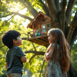A realistic scene featuring an 8-year-old boy with black hair and a 6-year-old girl with long light brown hair reaching down to her waist, standing side by side