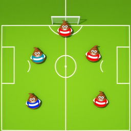 An aerial view of a soccer field where each of the seven different player positions is humorously represented by stylized, cartoon-like poop characters, each adorned with player jerseys in vibrant colors