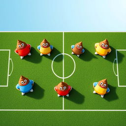 An aerial view of a soccer field where each of the seven different player positions is humorously represented by stylized, cartoon-like poop characters, each adorned with player jerseys in vibrant colors
