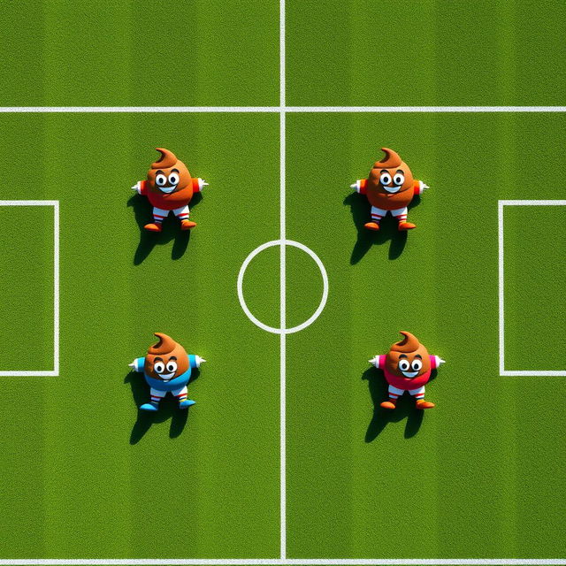 An aerial view of a soccer field where each of the seven different player positions is humorously represented by stylized, cartoon-like poop characters, each adorned with player jerseys in vibrant colors