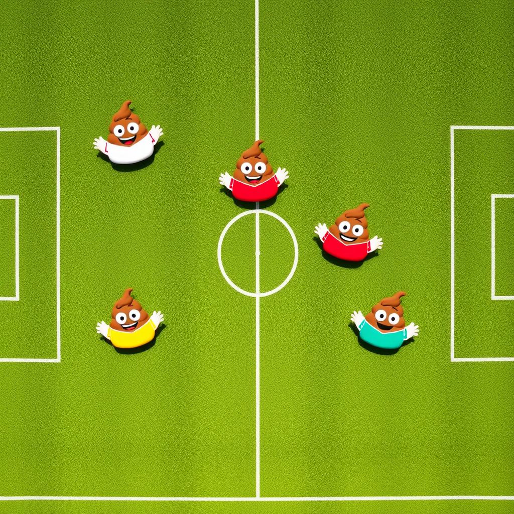 An aerial view of a soccer field where each of the seven different player positions is humorously represented by stylized, cartoon-like poop characters, each adorned with player jerseys in vibrant colors