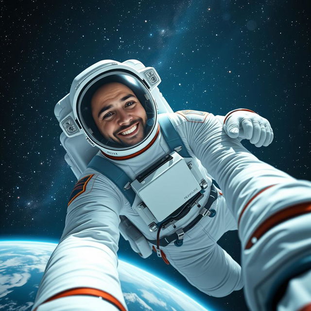 An astronaut floating in the vastness of space, wearing a beautifully detailed white spacesuit with vibrant blue and red accents