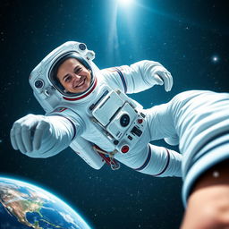 An astronaut floating in the vastness of space, wearing a beautifully detailed white spacesuit with vibrant blue and red accents