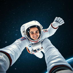 An astronaut floating in the vastness of space, wearing a beautifully detailed white spacesuit with vibrant blue and red accents